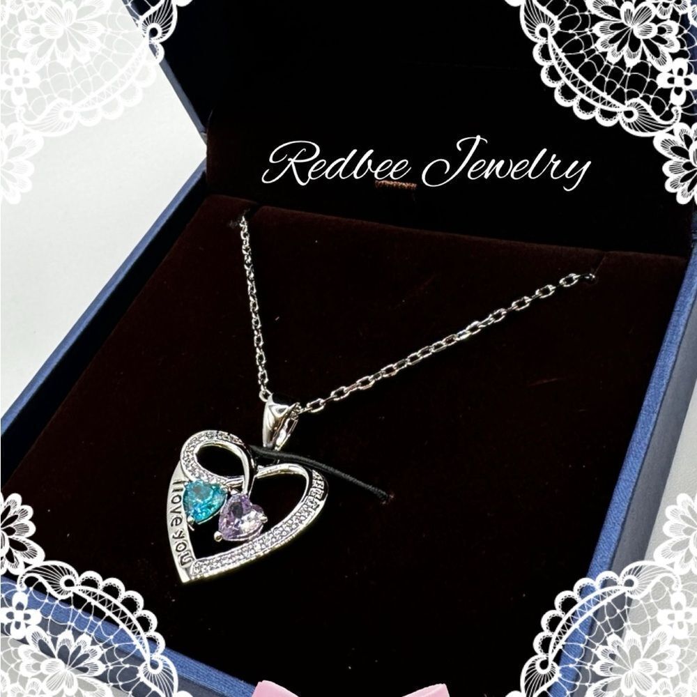 NIB Redbee 18k white GP over s925 “I Love You”, blue/purple CZ diamond necklace!